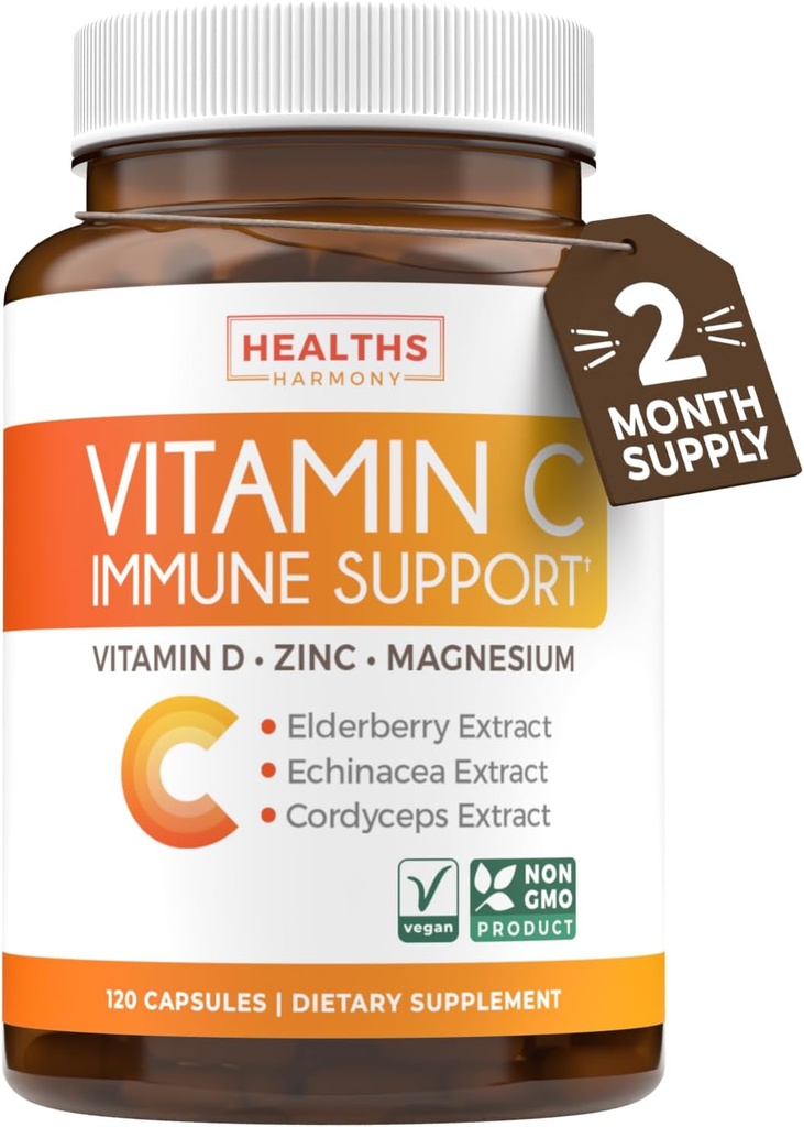Vitamin C Immununterstützungsergänzung - Immune Boost Blend mit Elderberry Vitamin C und Zink für täglichen &amp; jahreszeitlichen Support - Magnesium Zink VIT C & D und Kräuter Defense Complex (2 Monate Versorgung)