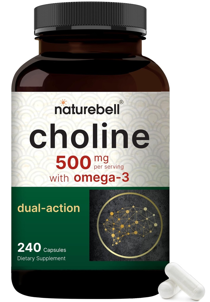 NatureBell Choline ergänzt 500mg mit Omega-3 Fettsäuren, 240 Kapseln | Hohe Potenz Choline Bitartrate – Pränatale Unterstützung während der Schwangerschaft – Fördert Energie, Leber, Gehirn, & Kognitive Gesundheit
