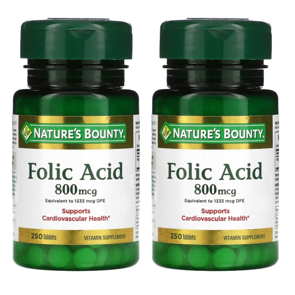 Nature's Bounty Folic Acid 800 mcg Supplément de vitamine Résistance maximale - 250 comprimés, boîte de 2