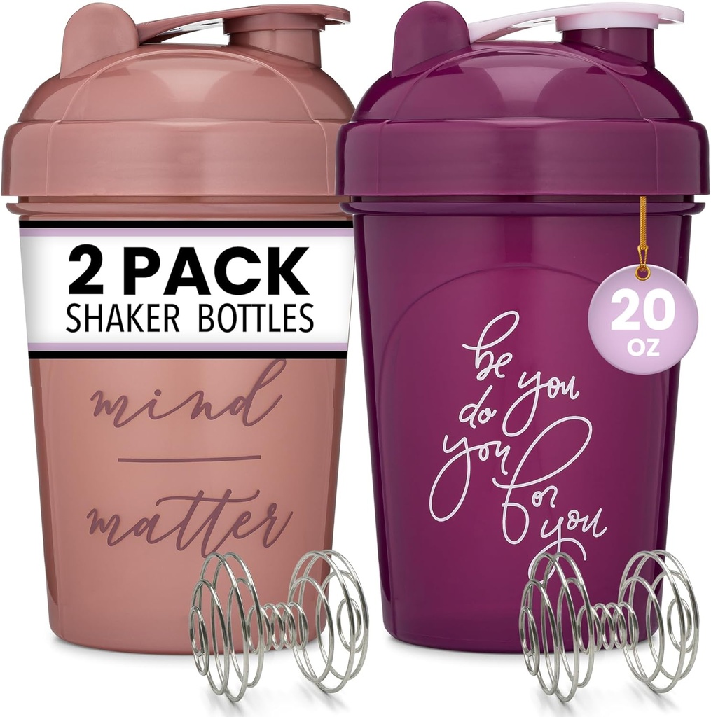 GOMOYO 2-Pack 20-Ounce Protein Shaker Bottle (Plum & Rose) | BPA Free, Geschirrspüler Safe Shaker Cups mit Motivation Zitate für Gym, Laufen, Workout Ergänzungen