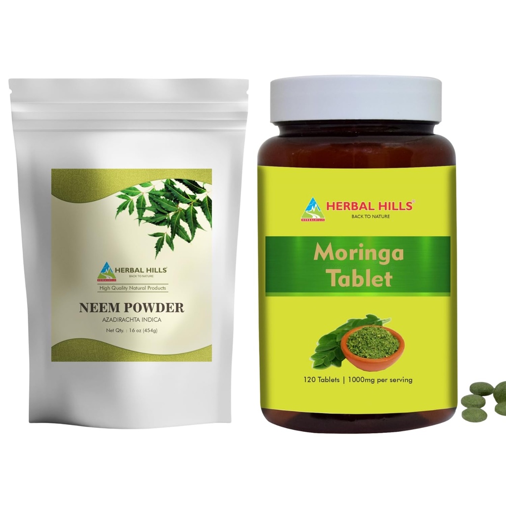HERBAL HILLS Neem Blatt Pulver und Moringa Tabletten Shigru Paket von 2 Combo