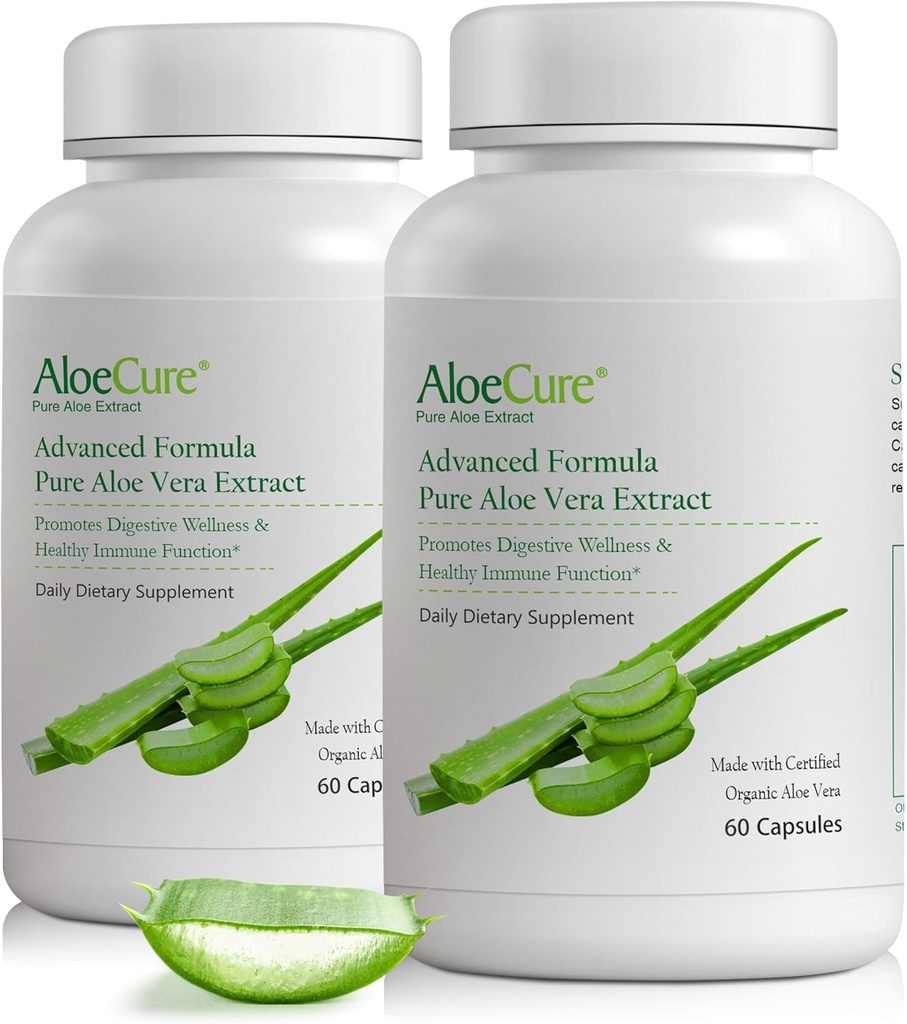 AloeCure Organic Aloe Vera Kapseln, 160.000mg Innere Aloe Blatt Äquivalent per Servieren, Stützgut, Verdauungs- und Immungesundheit, hilft Balanced Stomach Acidity, Aloin Free, 60Caps x 2Btl