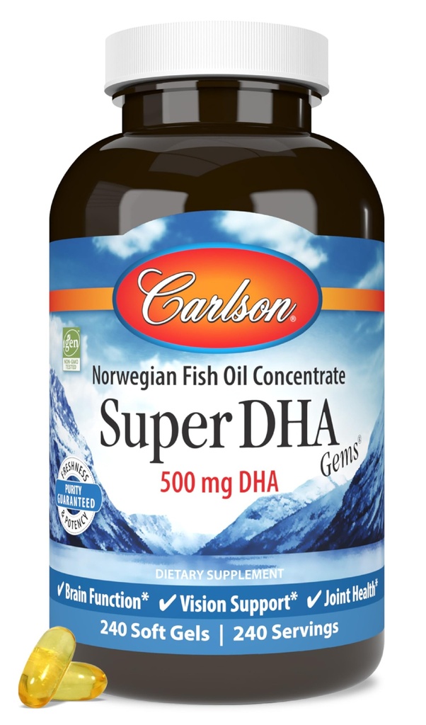 Carlson Super DHA Gems - Suppléments DHA de 500 mg, 640 mg Acides gras, Concentré d'huile de poisson norvégien, Wild-Caught, Capsules d'huile de poisson d'origine durable, 240 Softgels