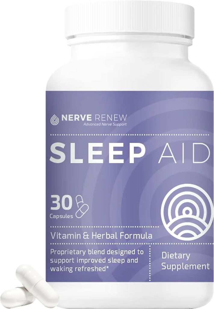 NERVE RENEW Schlafhilfe - Nahrungsergänzungsmittel für besseren Schlaf - 30 Kapseln - Arbeitet schnell - Gentle All-Natural Kräuter- und Vitamin-Formel mit Melatonin, Magnesium, Zink, Aminosäuren, Kräuterextrakte