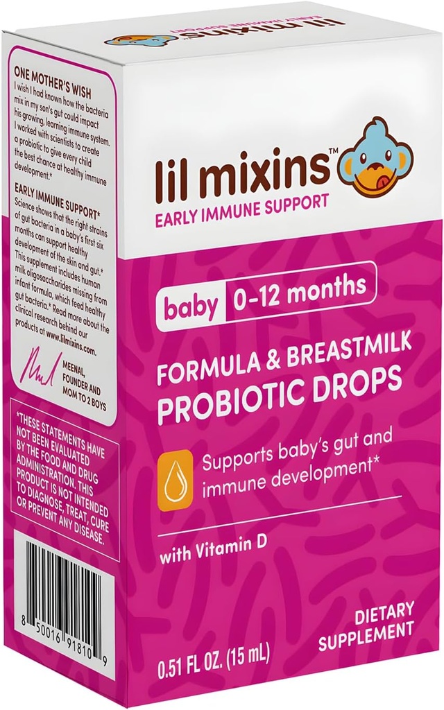 Lil Mixins Feeding Probiotic Drops for Baby | for Immune Support, Digestive & Gut Health | Lactobacillus Rhamnosus HN001 & B Infantis | 15mL, 1 Month Supply