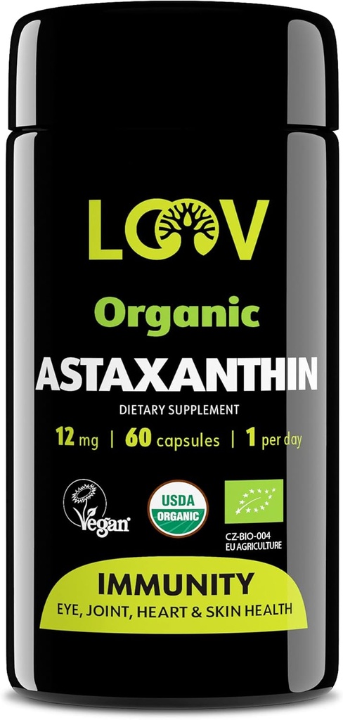 LOOV Natural Organic Astaxanthin 12mg – 60-Day Supply – Max Strength Antioxidant – Augen, Gelenk, Haut, Immunität – von Microalgae – Non-GMO, Vegan, Nachhaltige