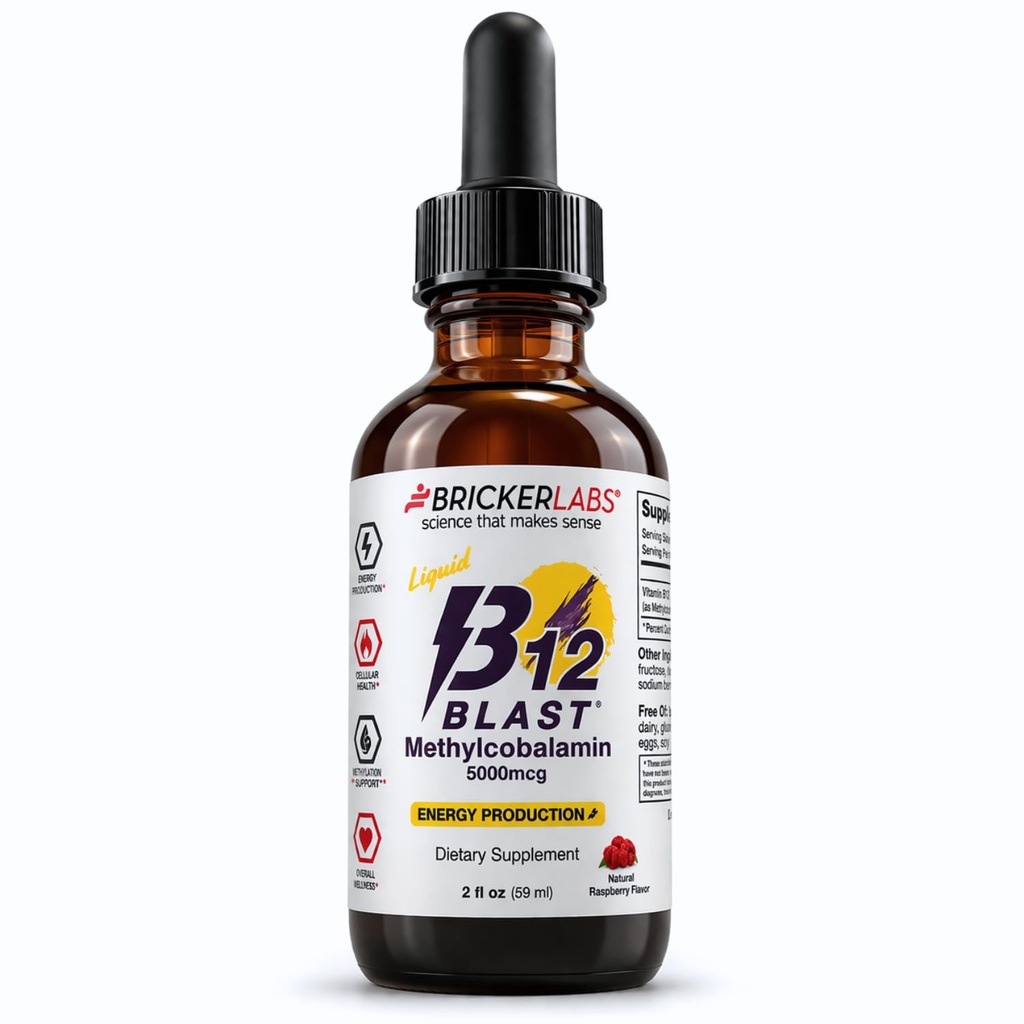 Bricker Labs B12 Blast méthylcobalamine 5000mcg, Grande dégustation de vitamines liquides sublinguales - Vegan B12 Vitamines, énergie soutenue et supplément de santé cellulaire - 59 jours