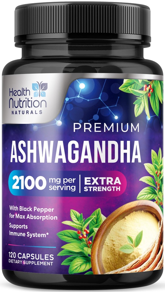 Ashwagandha Ergänzungen - 2100mg Ashwagandha Kapsel für Damen und Herren, Natürliche Antioxidante Unterstützung, Ashwa Root Extract, Extra Strength Calm Support mit schwarzem Pfeffer, Vegan & Gluten kostenlos - 120 Kapseln