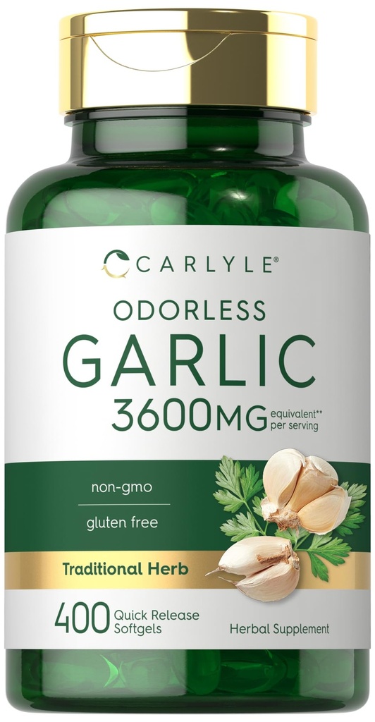 Carlyle Odorless Ail Softgels 3600 mg , 400 Count , 400 Alnium Sativam Bulb , Supplément sans gluten