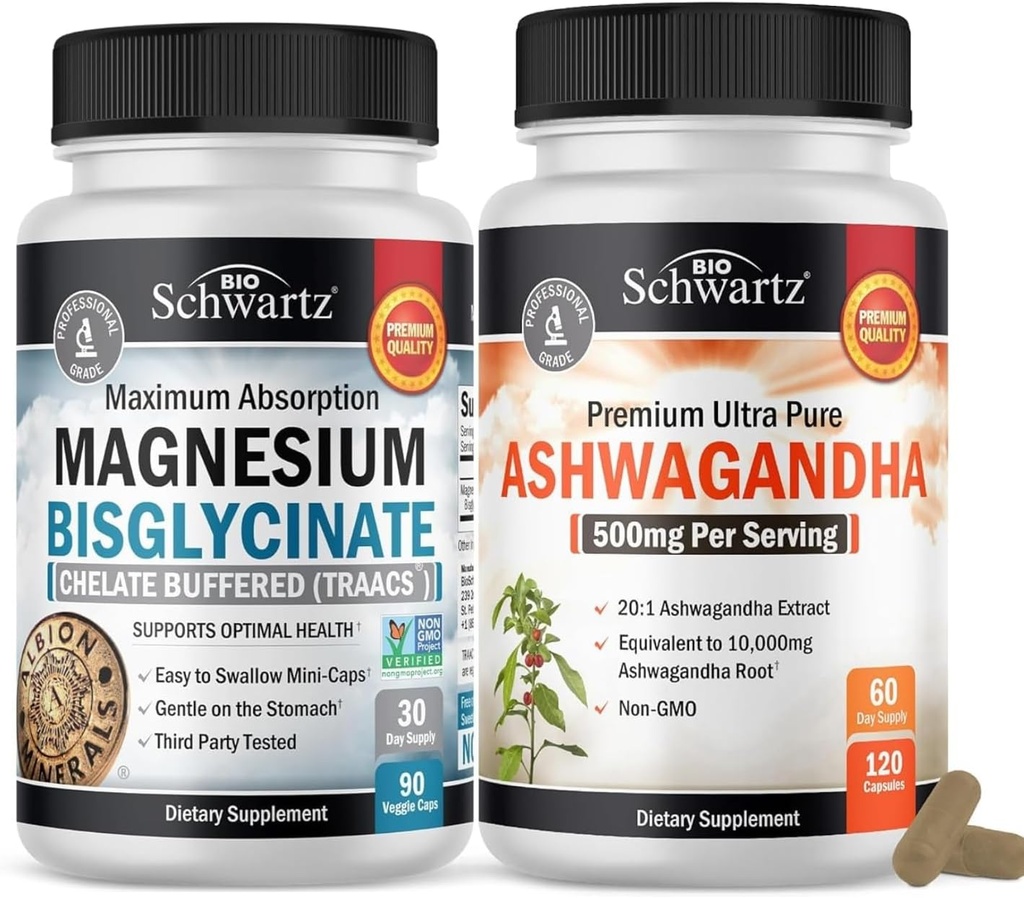 Extra Strength Ashwagandha Kapseln (2 Monate Versorgung) Plus Hohe Absorption Magnesium Bisglycinat Kapseln (1 Monat Versorgung