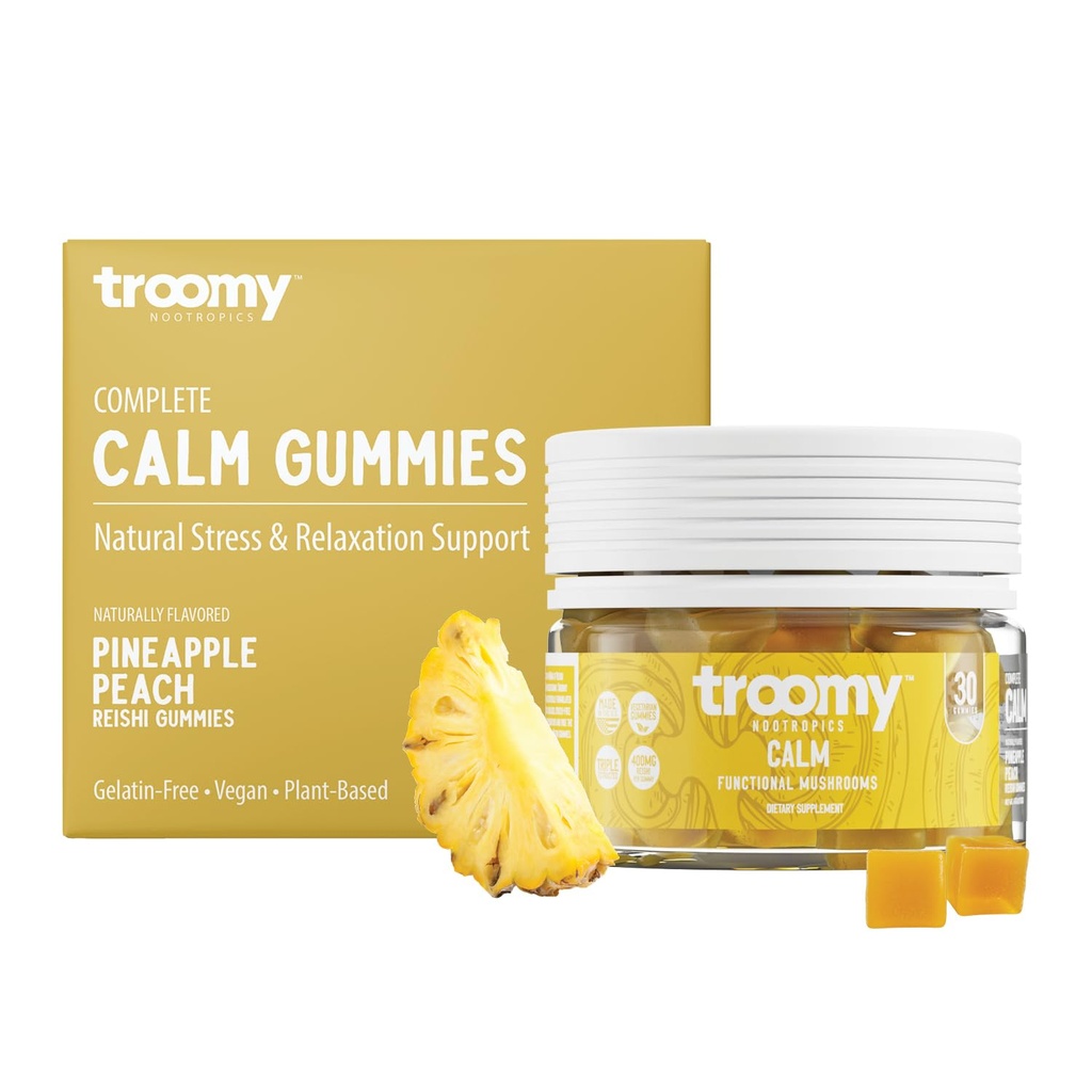 Troomy Reishi Calm Gummies Natürliche Ananas Peach Flavor, Gelatin-frei, Gluten-frei und vegetarisch - 30 Count
