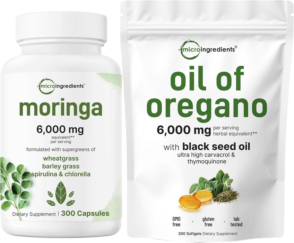 Micro Ingredients Öl von Oregano Softgels 300 Count & Moringa Oleifera 6.000mg Äquivalente 300 Kapseln Bundle 2 Pack | Carvacrol & Thymoquinone | Antioxidante Ergänzung