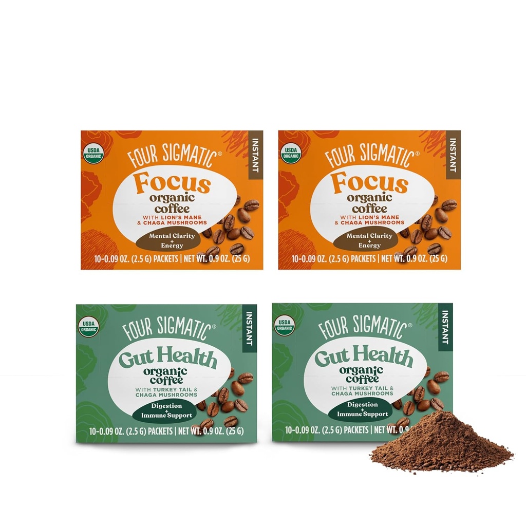Four Sigmatic Mushroom Coffee Mix Pack von 4 - Lion's Mane und Chaga & Cordyceps und Chaga - 10 Packungen pro Box