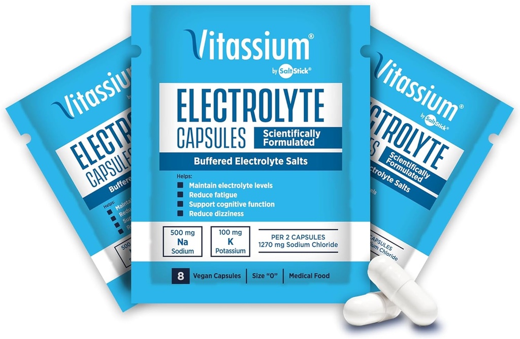 Vitassium Kapseln, Elektrolyte für Diät-Management von POTS-Syndrom Symptome (500mg Natrium - 100mg Kalium), 240 Gepufferte Salzkapseln