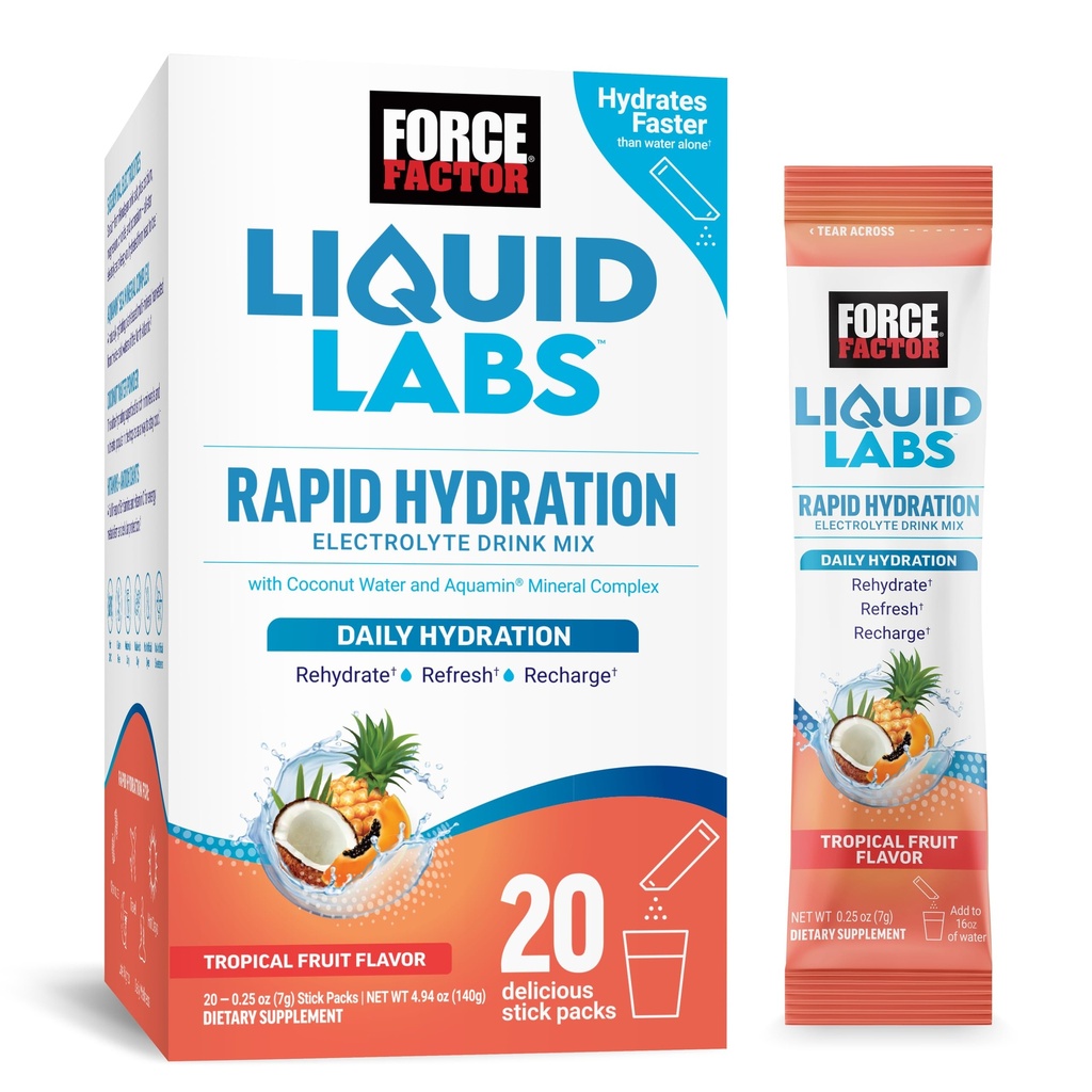 FACTEUR DE FORCE Laboratoires liquides Electrolytes Packs en poudre—Fruits tropicaux—Paquets d'hydration pour faire de l'eau électrolyte, avec 5 électrolytes essentiels, vitamines, minéraux et antioxydants, boîtes de 20 bâtons