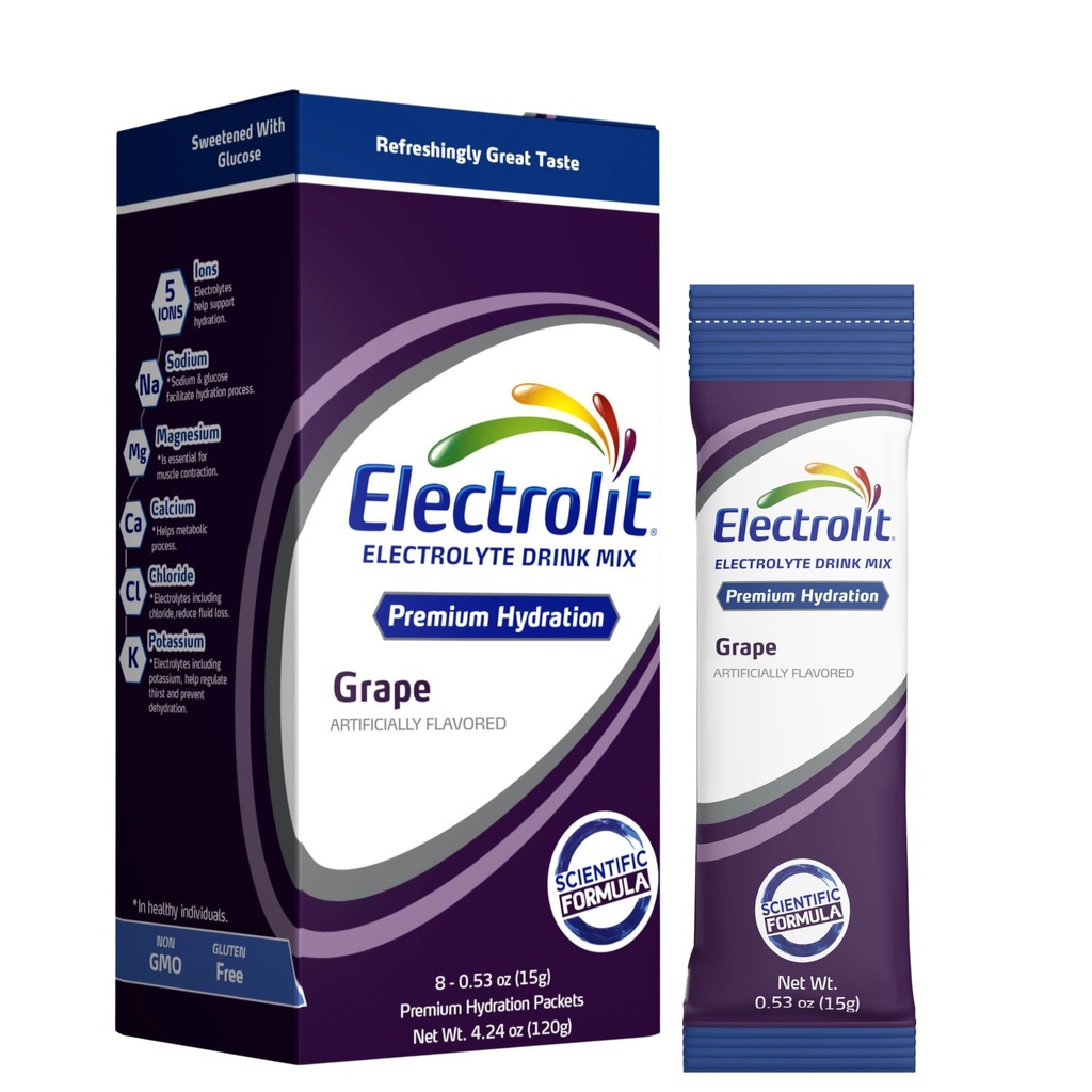 Électrolytes électrolits en poudre, Paquet de 8 raisins, Paquets d'hydratation en poudre pour déshydratation et réhydratation, Mélange de boissons hydratantes aromatisées après l'entraînement, Sticks journaliers d'amélioration de l'eau sans gluten