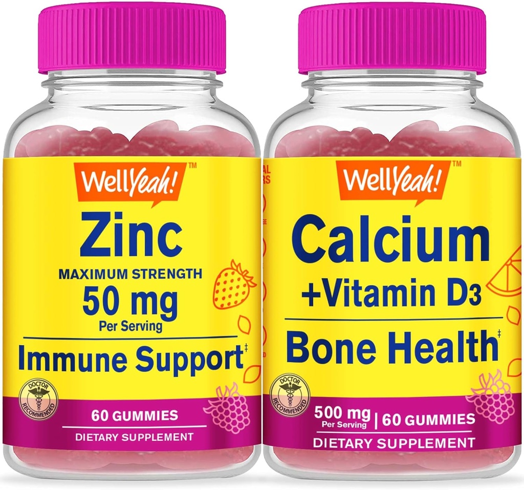 WellJa Zink + Calcium + Vitamin D3, Gummis Bundle - Große Verkostung, Vitamin-Ergänzung, Glutenfrei, GMO frei, Kaugummi