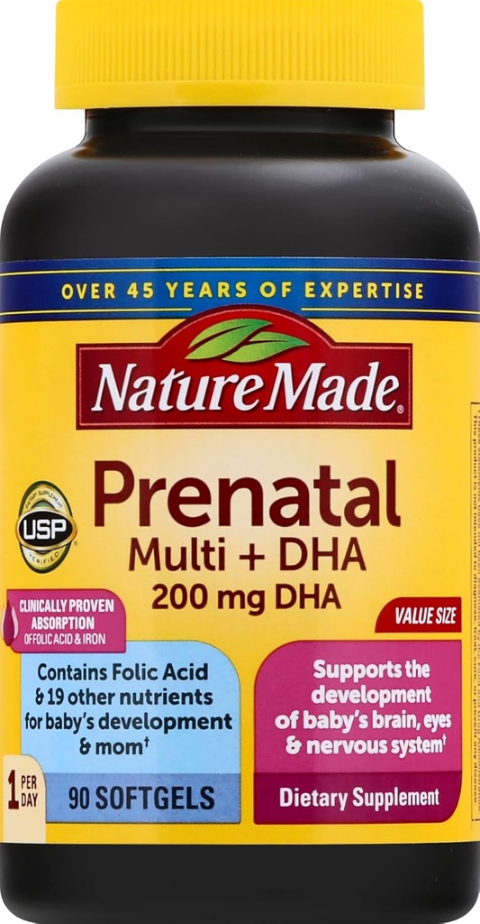 Vitamine prénatale + DHA Softgel avec acide folique, iode et zinc, 90 Nombre