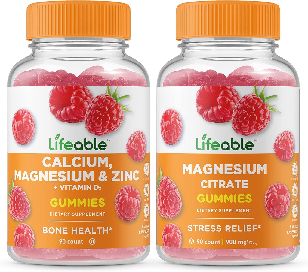 Calcium, Magnésium, Zinc et Vitamine D + Magnésium, Gummies Bundle - Grande dégustation, supplément de vitamine, sans gluten, sans OGM, gummy à croquer