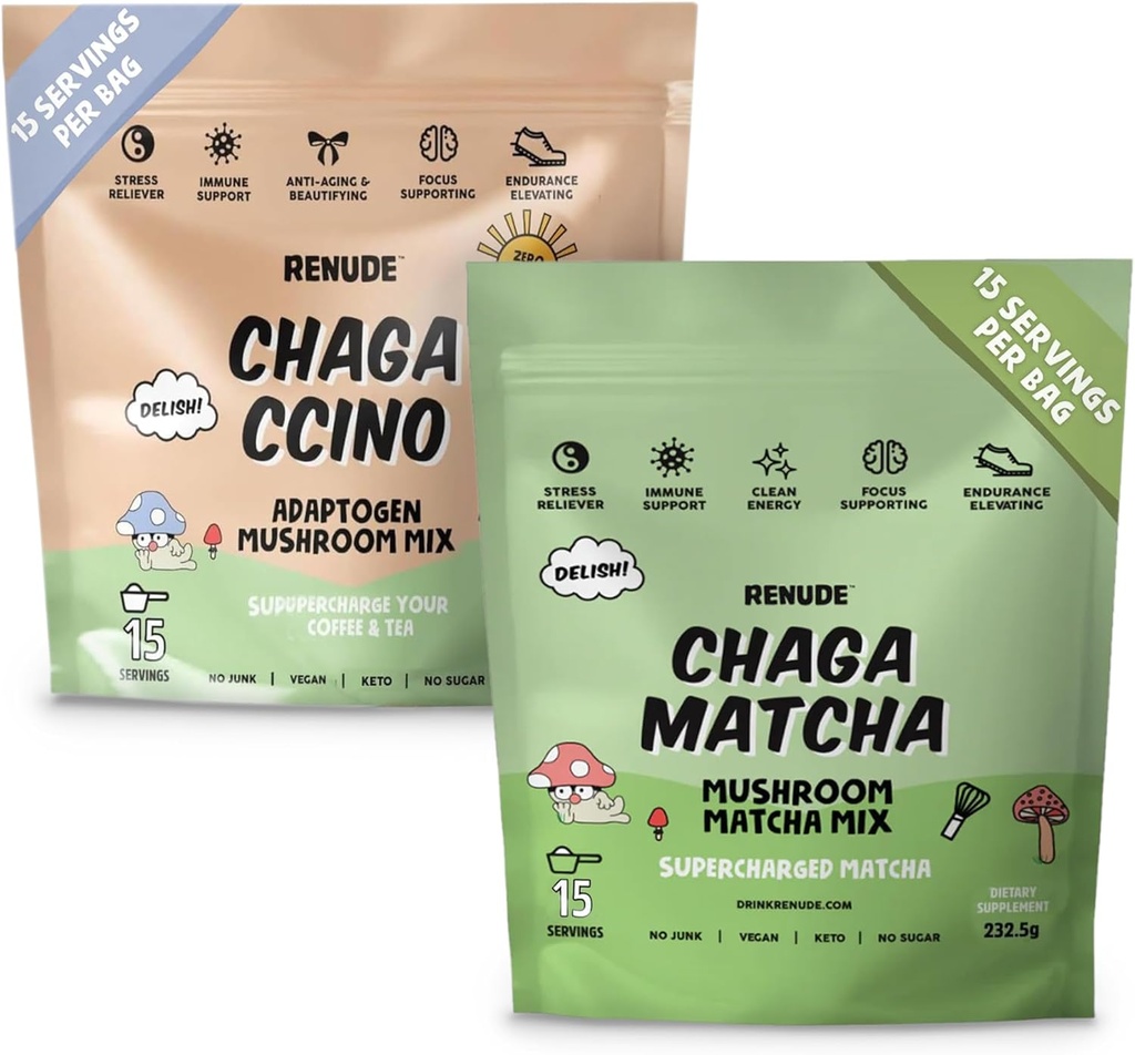 Renude Chaga Matcha und Chagaccino - Chaga Pilzpulver für Kaffee und Matcha, Pilz-Getränk-Mischung mit Adaptogenen, natürliche Energie und Immununterstützung, Vegan, Keto - 15 Portionen