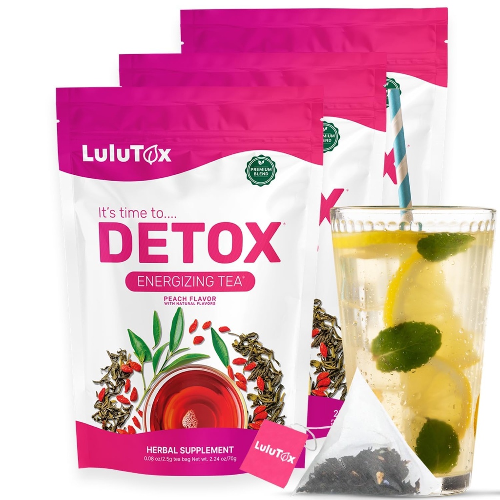 LULUTOX Detox Tee - Kräutermischung mit Dandelion, Ginseng und Ginger - Unterstützt ein gesundes Gewicht, Verdauungsgesundheit - Vegan, All Natural, Laxative-Free - Peach Flavor (3 Pack x 28 Servierungen)