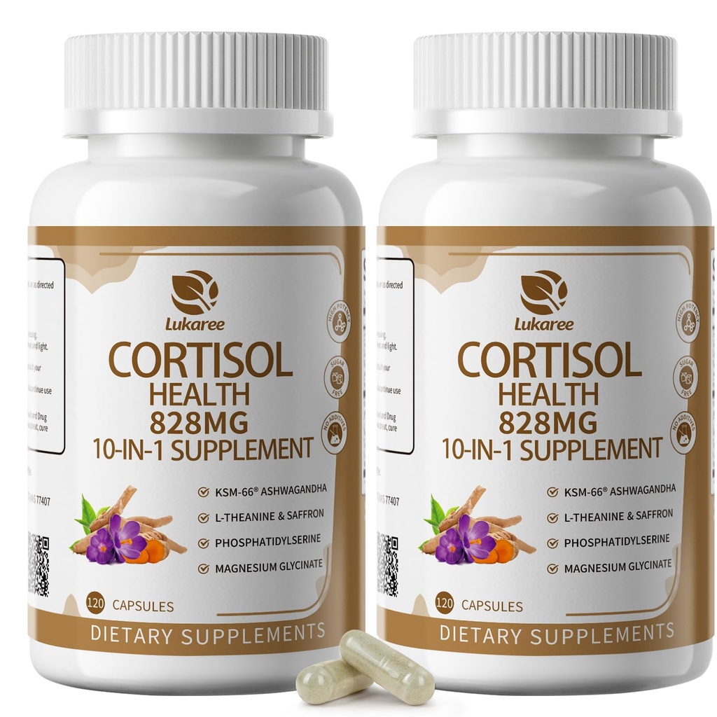 Suppléments de cortisol 10-IN-1 avec Magnésium, Ashwagandha, Camomille, L-Theanine, Phosphatidylsérine, millepertuis, Astragalus, Vitamine C & D3, Pour les femmes hommes, 240 capsules végan pendant 4 mois, non OGM