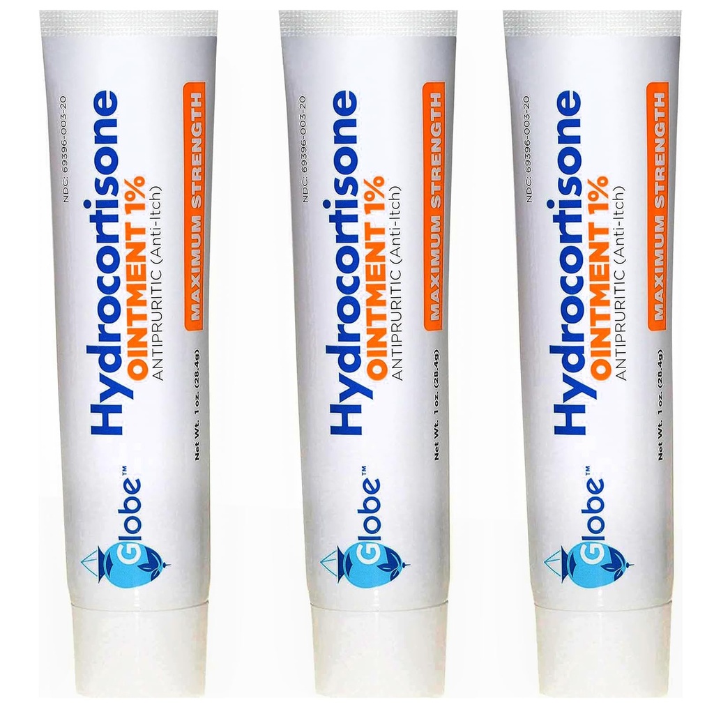 (3 Pack) Globe Hydrocortisone Concentration maximale Onguent transparent 1%,1 oz, Onguent thématique anti-Itch pour rougeur, gonflement, démangeaison, rash, Bug/Mosquito Bites, Eczéma, Hémorroïdes et plus