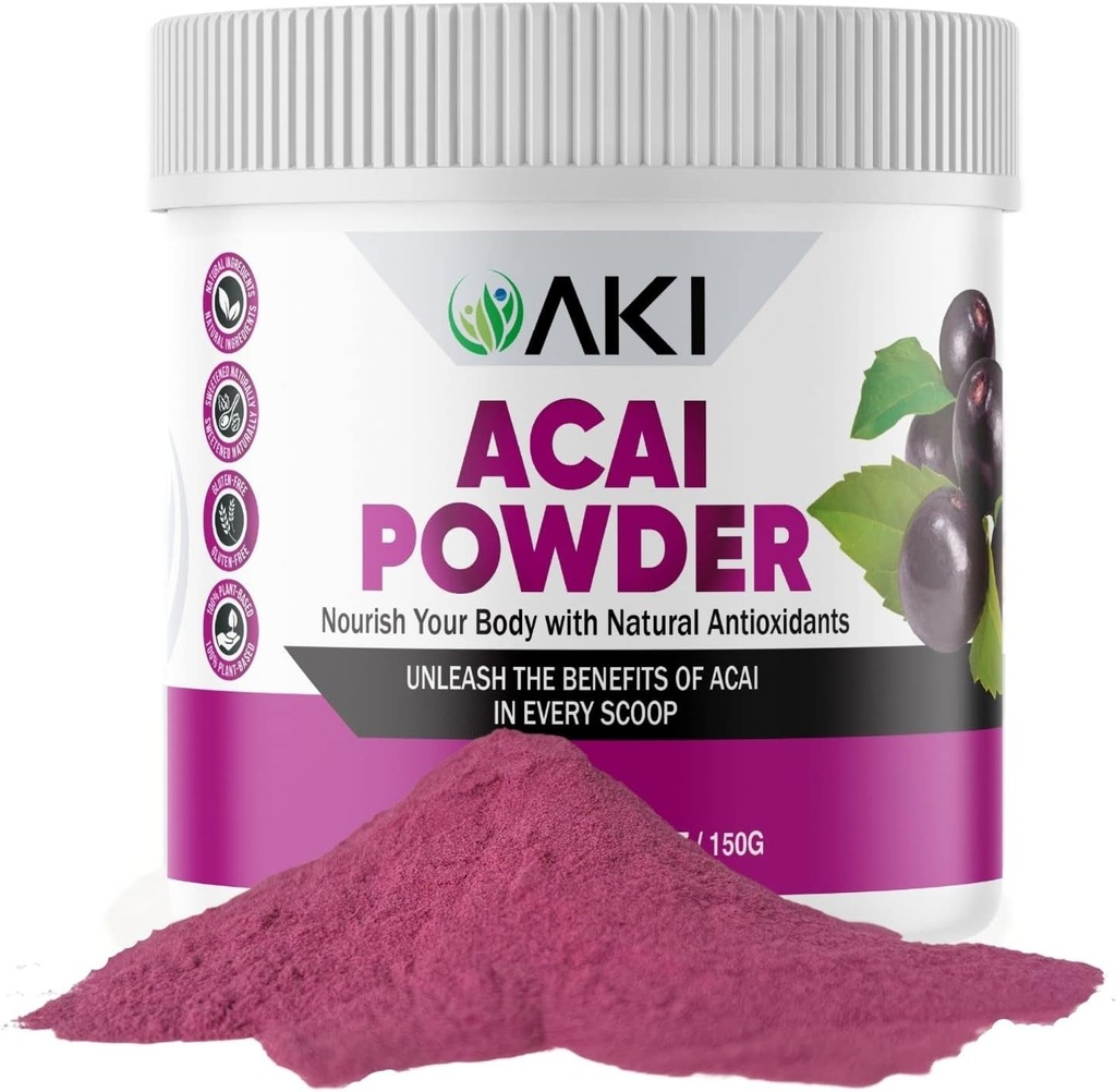 AKI Acai Powder - Nourish Ihr Körper mit idealen Vitaminen & Nährstoffen - Pulver für Glatttiere - Non-GMO, Vegan Friendly & Glutenfrei (5.30oz/150g)
