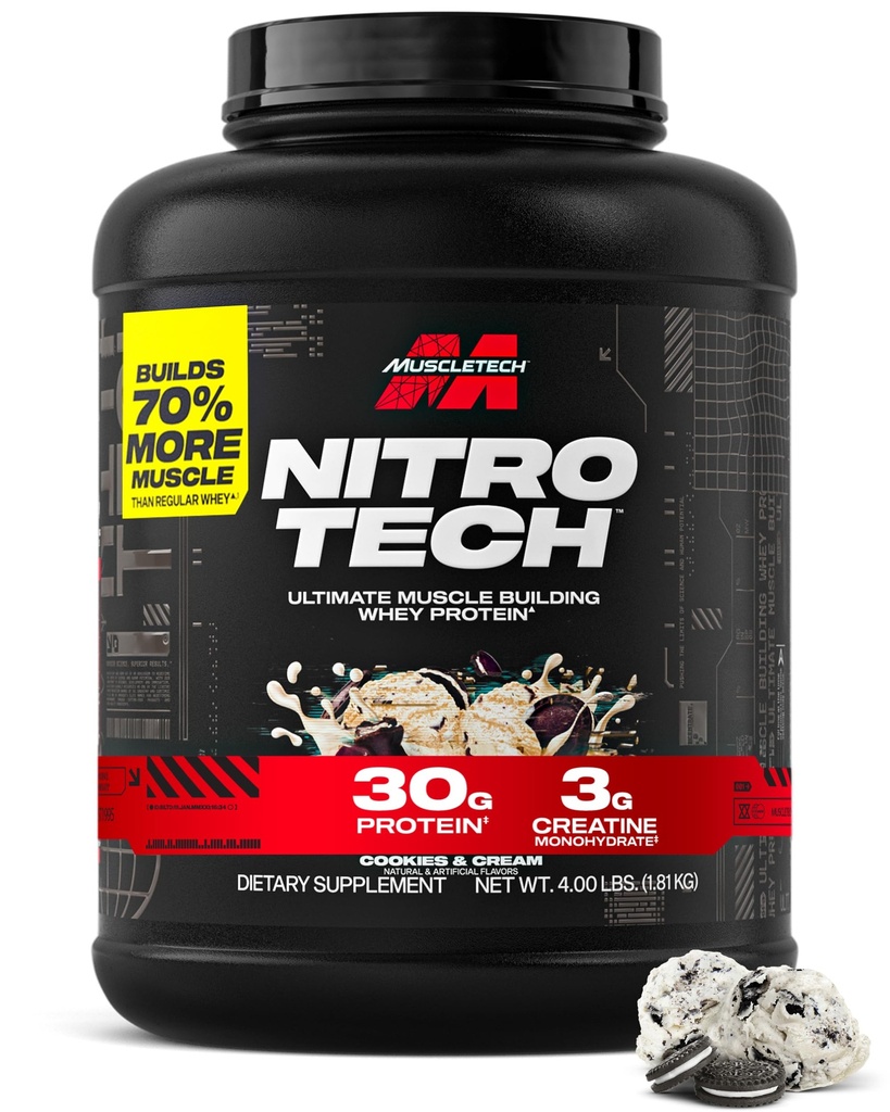 Muscletech Whey Protein Powder (Cookies & Cream, 4 Pound) - Nitro-Tech Ultimate Muscle Building Formula with Whey Protein Isolate - 30g de protéines, 3g de créatine et 6.8g de BCAA - Emballage May Vary