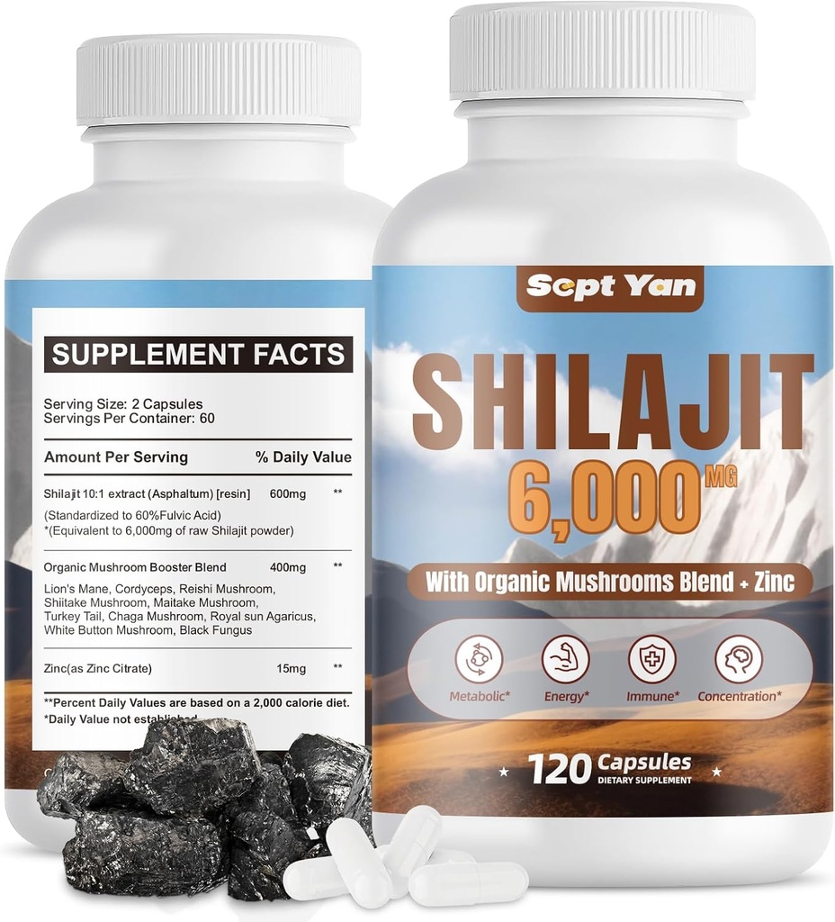Shilajit Himalayan Kapseln - Pure Himalayan Organic Supplement mit Pilzen Mischung, Zink - 2 Monate Versorgung für Stärke, Stamina, Gehirn & Immune Gesundheit - Shilajit für Frauen & Männer 120 Count Vegan