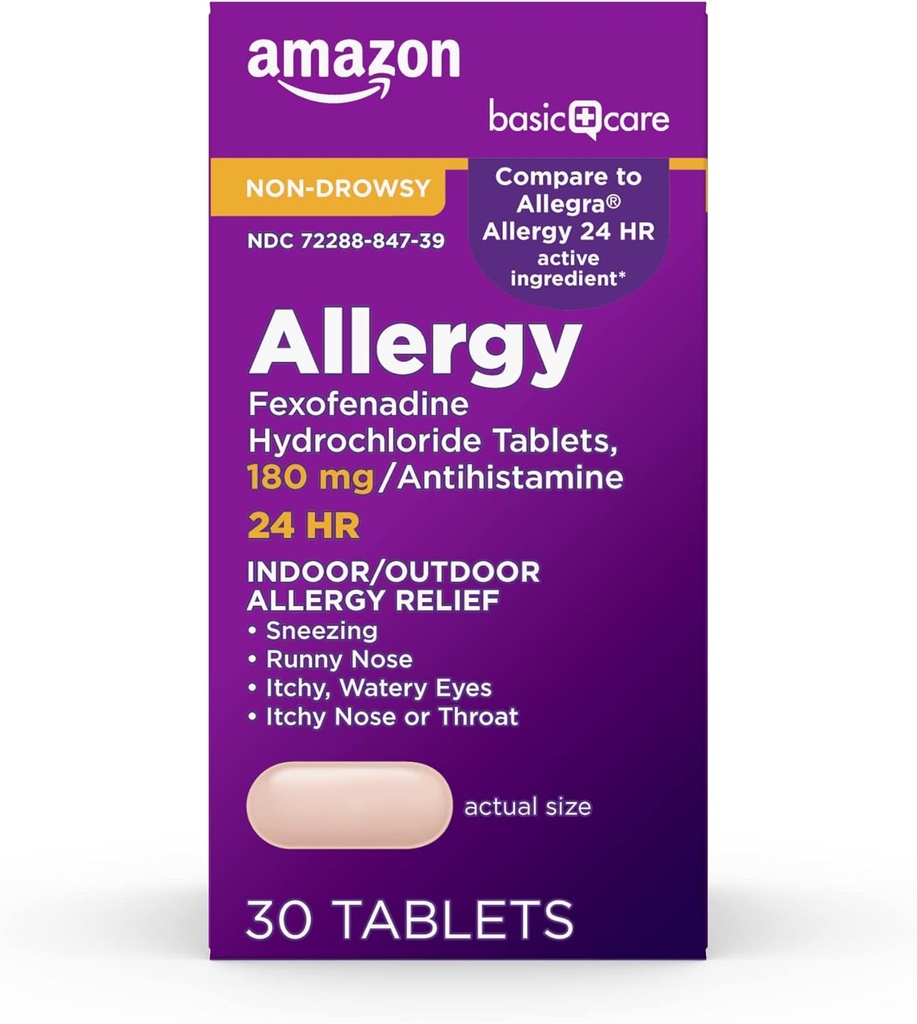   Basic Care All Day Allergy Relief, Fexofenadine Hydrochloride Tablets, 180 mg, Antihistamine, Non-Drowsy, 24-Hour Relief, 30 Count