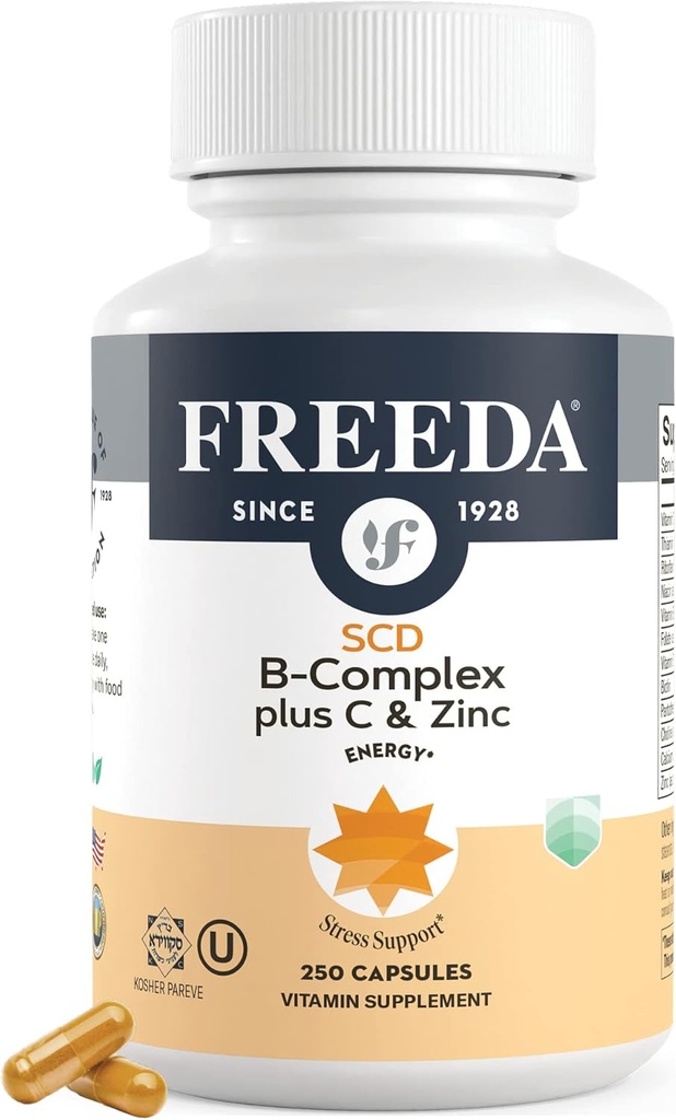 FREEDA Kompletter B-Komplex mit Vitamin C & Zinc – SCD Legal Vitamin B Complex (B1, B2, B3, B6, B12) – 250 Vegetarische Kapseln, Geeignet für alle inklusive SCD-Diät Follower, tägliche Gesundheitsunterstützung