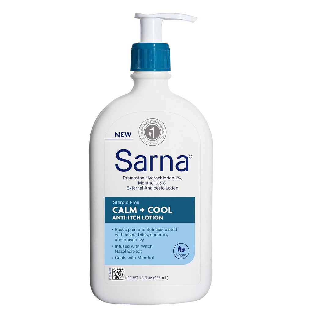 Sarna Calm + Coole Anti-Itch Lotion, beruhigen und lindern Schmerzen und Itch von Insektenstichen, Sunburn, & Gift Ivy, Enthält 1% Pramoxin Hydrochlorid, 0.5% Menthol, Vegan, Steroid-frei, 12 oz