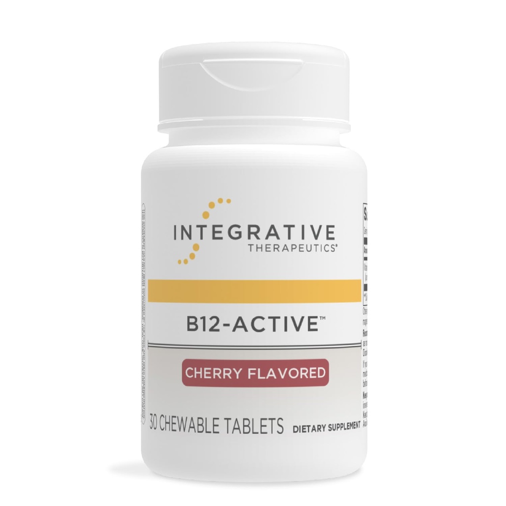 Thérapeutique intégrative B12-Active - B12 Supplément pour le soutien de la fonction nerveuse* - Support à croquer - Lait, soja et sans gluten - Saveur de cerise, 30 comprimés à croquer (30 portions)