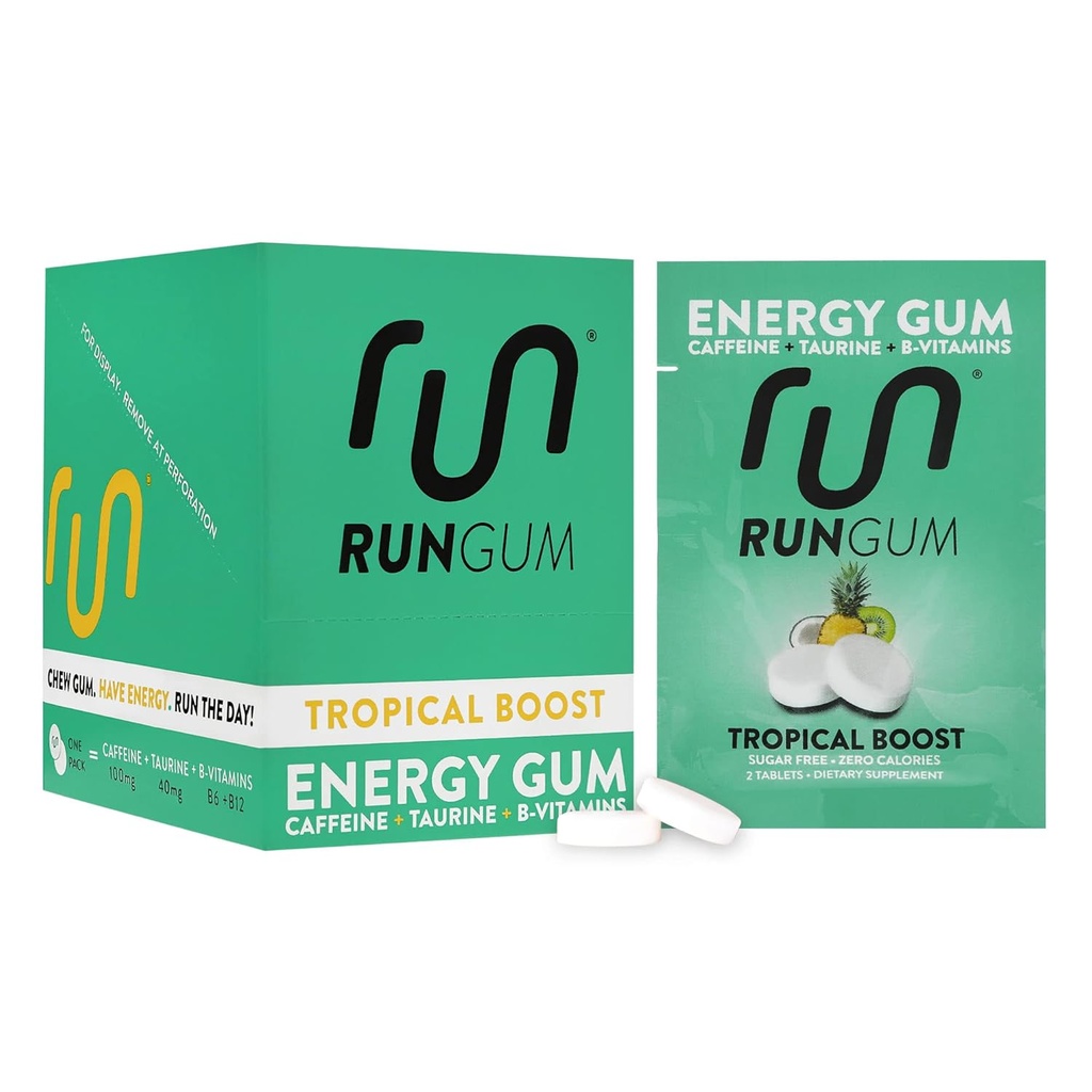 RUN GUM Tropical Boost Energy Chewing Gum 50mg Caféine Taurine et B-Vitamines par pièce, 24 pièces (paquet de 12) sans sucre, zéro calories, sans aspartame, et sans gluten, 1 ea