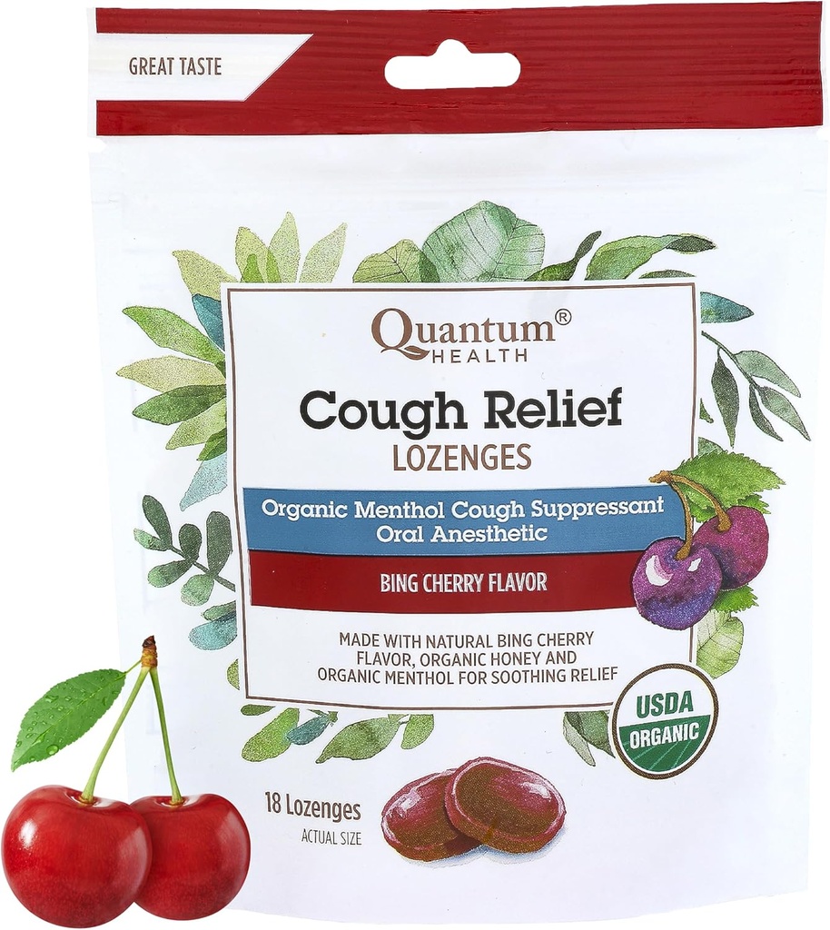 Quantum Health USDA Organic Cough Drops Menthol & Honey Throat Lozenges - Beruhigend Bing Cherry Flavored Suppressant - Dry Mouth & Sore Throat Relief für Erwachsene & Kinder - 18 Count