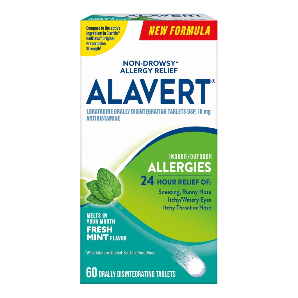 Alavert Allergy 24 Hour Relief, Frische Mint Flavor, Orally Disintegrating Allergy Tablets, Non-drowsy Antihistamine, Loratadine 10mg, 60 Count