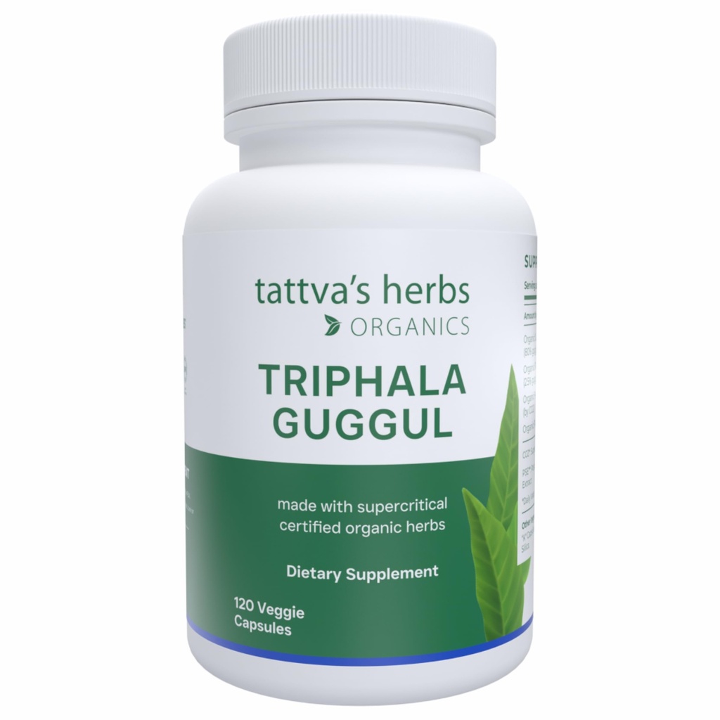 Tattva Kräuter Triphala Guggul Kräuter-Ergänzung, Ayurveda Kräuter-Ergänzungen, Verdauungs-Gesundheit und Unterstützung, Bio Triphala Kapseln, 120 Zähler, 25 Jahre Premium-Service