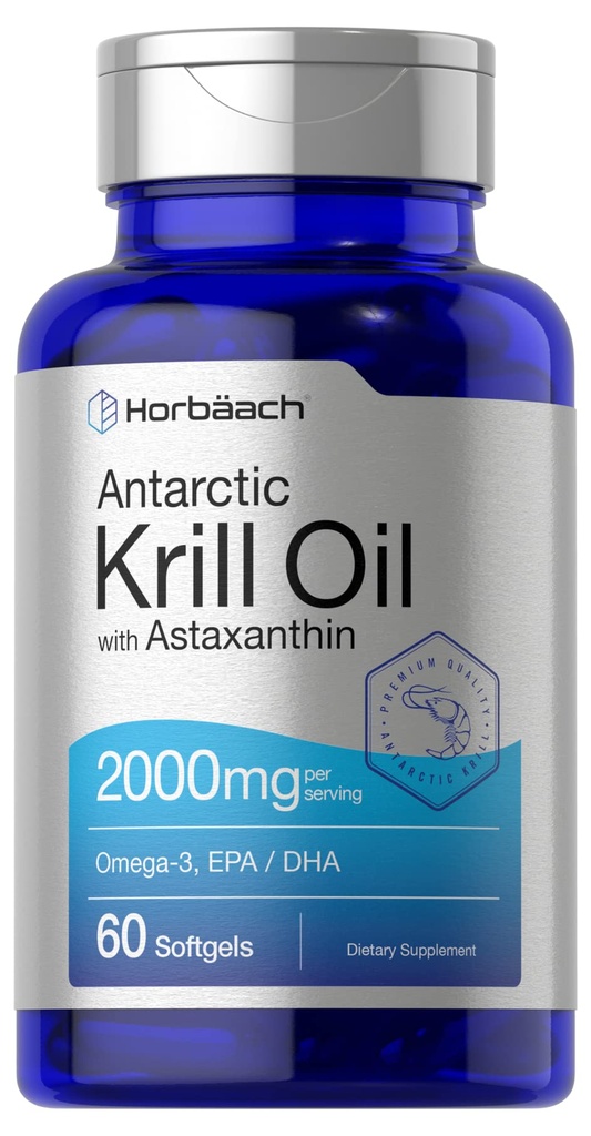 Horbäach Antarctic Krill Oil 2000mg.60 Capsules Softgel Oméga-3, EPA, Supplément DHA avec Astaxanthin.