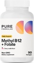 PureFormulas Méthyl B12 + supplément de folate, 1000 mcg de supplément de B12 méthylé, 665 mcg de folate, Saveur de vanille de cerise, vitamine B méthylée 12 - Non-OGM, 90 Lozenges