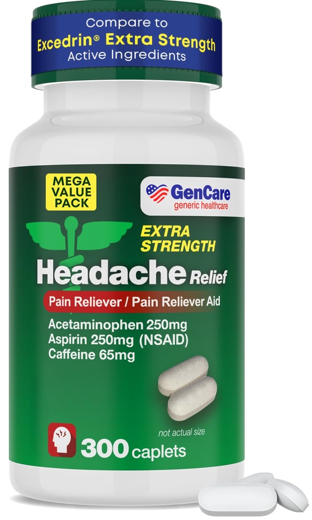 GenCare - Kopfschmerzen Relief Acetaminophen mit Aspirin (NSAID) & Caffeine (300 Caplets) Wert Pack | Kopfschmerzen, Muskeln Erfolge, Rückenschmerzen & Körper | Generische ExcedrEn Extra Kraft