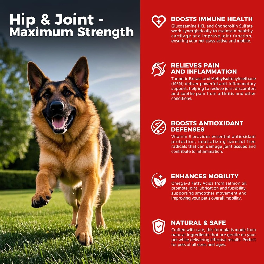 Dog Hip and Joint Supplement - Hund Schmerzen Relief Anti Entzündung mit Glucosamin, Chondroitin, MSM, Turmeric, Vitamin E, Omega 3 - Treats Hip Dysplasia, Arthritis - All Large Small Medium Breed