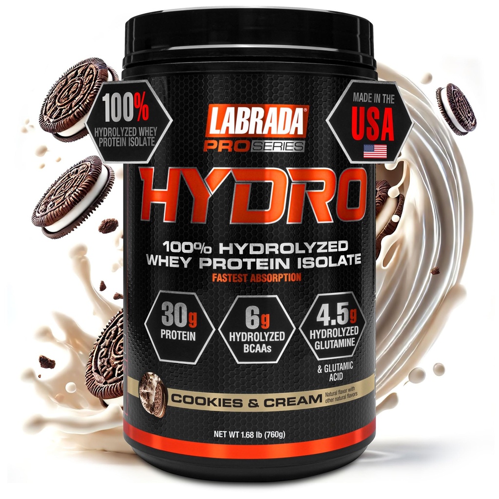 Labrada Hydro 100% Pure Hydrolyzed Whey Protein Isolate Powder, Lactose free, 6g BCAA’s, 4.5g Glutamine, Fastest Digesting Whey Available, Instant Mixing, Delicious Taste 20 Servings (Cookies & Cream)