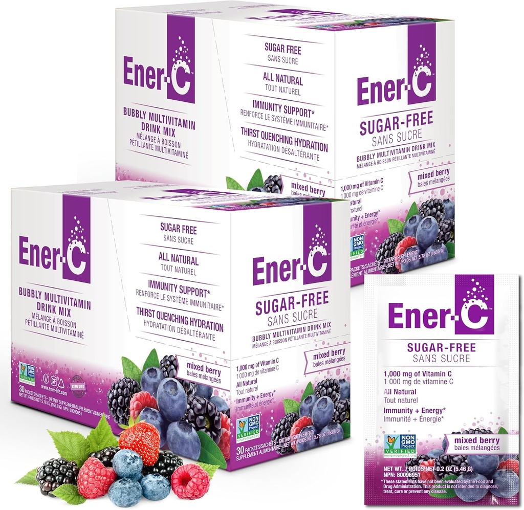 Mélange de boissons multivitamines sans sucre - Poudre de vitamine pour l'eau, Poudre d'électrolytes Pas de sucre, Paquets de boost d'hydratation, Zéro sucre, Supplément de vitamine C et B12 Mélange liquide - Berry mélangé, 60 Compte