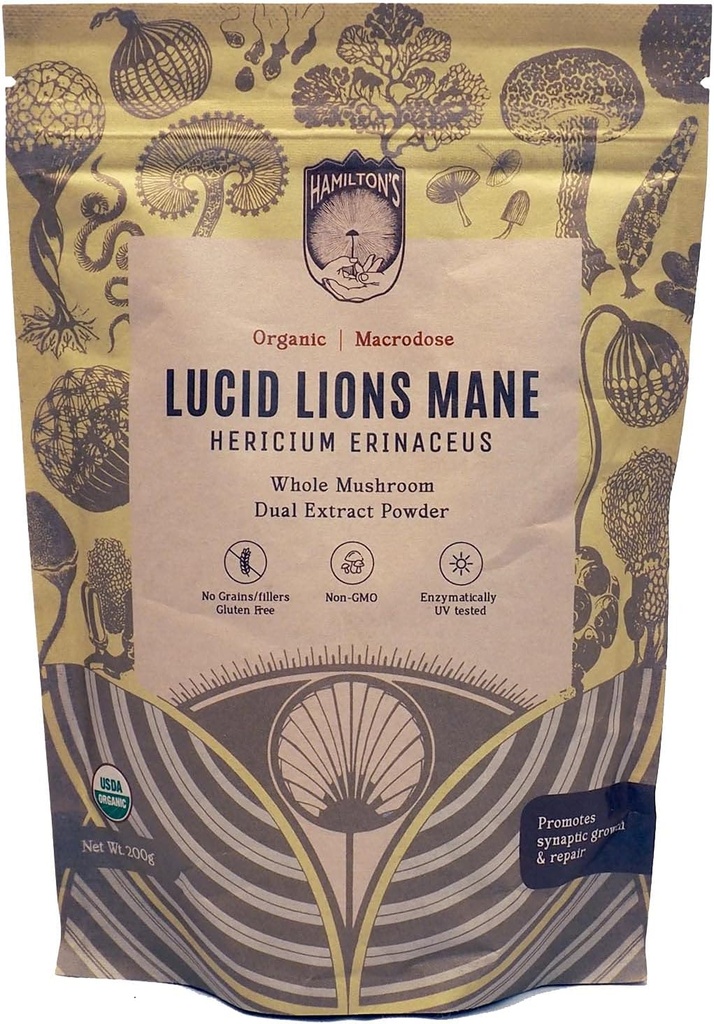 Hamilton’s Lucid Lion’s Mane | Organic Mushroom Extract Powder for Synapse Repair, Nerve Growth Factor, Focus, Memory, and Concentration | High Potency | 30% Beta Glucans | GF, Non-GMO, Vegan (200g)