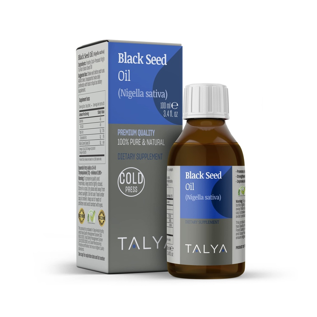 TALYA Black Seed Oil 3.4 fl. oz (100 ml) - Liquid Black Seed Oil - Nahrungsergänzung - Immununterstützung - High Thymoquinone - Kaltgepresst - Reines türkisches Schwarzes Seed Oil - Non-GMO - Glasflasche