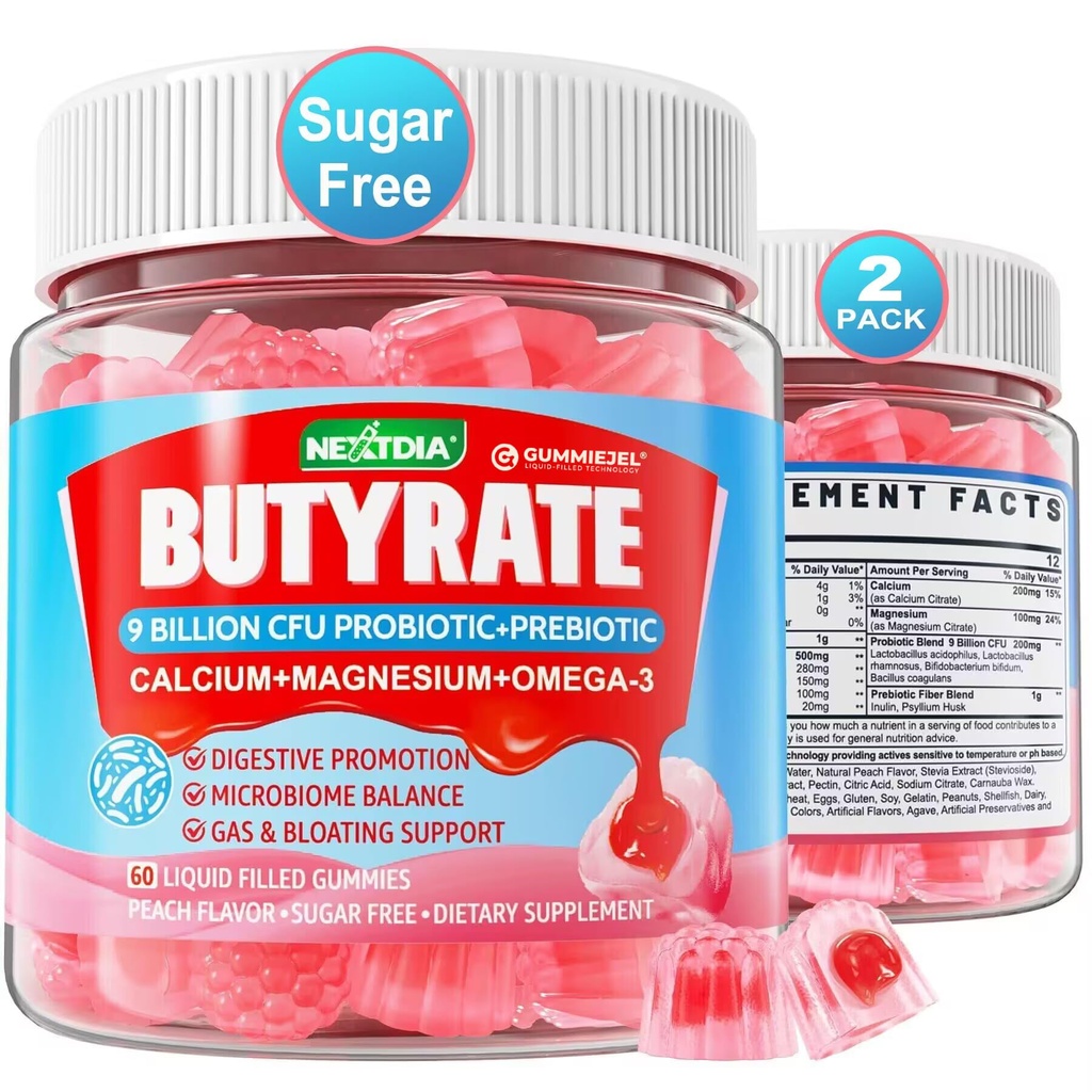 Butyrate Gummie mit Probiotic + Prebiotic + Postbiotic, Omega-3 500mg,9 Billion CFU Probiotics mit Fiber, Calcium & Magnesium, Inulin,Psyllium Husk für Verdauungs-Gesundheit,Bloating Support,Sugar Free