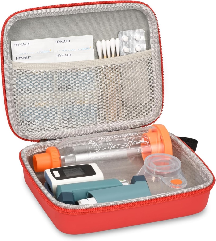 Hard Travel Case für Asthma Inhaler und Zubehör, mit Mesh Tasche für Medizin, Rot