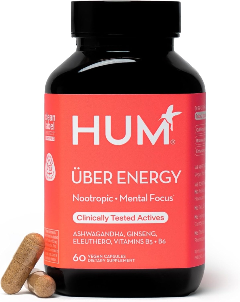 HUM Uber Energy Adrenal Energy Support Supplement mit Ashwagandha Root, Ginseng, B Vitamine, Vitamin B6, B5 und Adaptogene, Ergänzungen für Adrenal Fatigue Support, 60 Vegan Kapseln