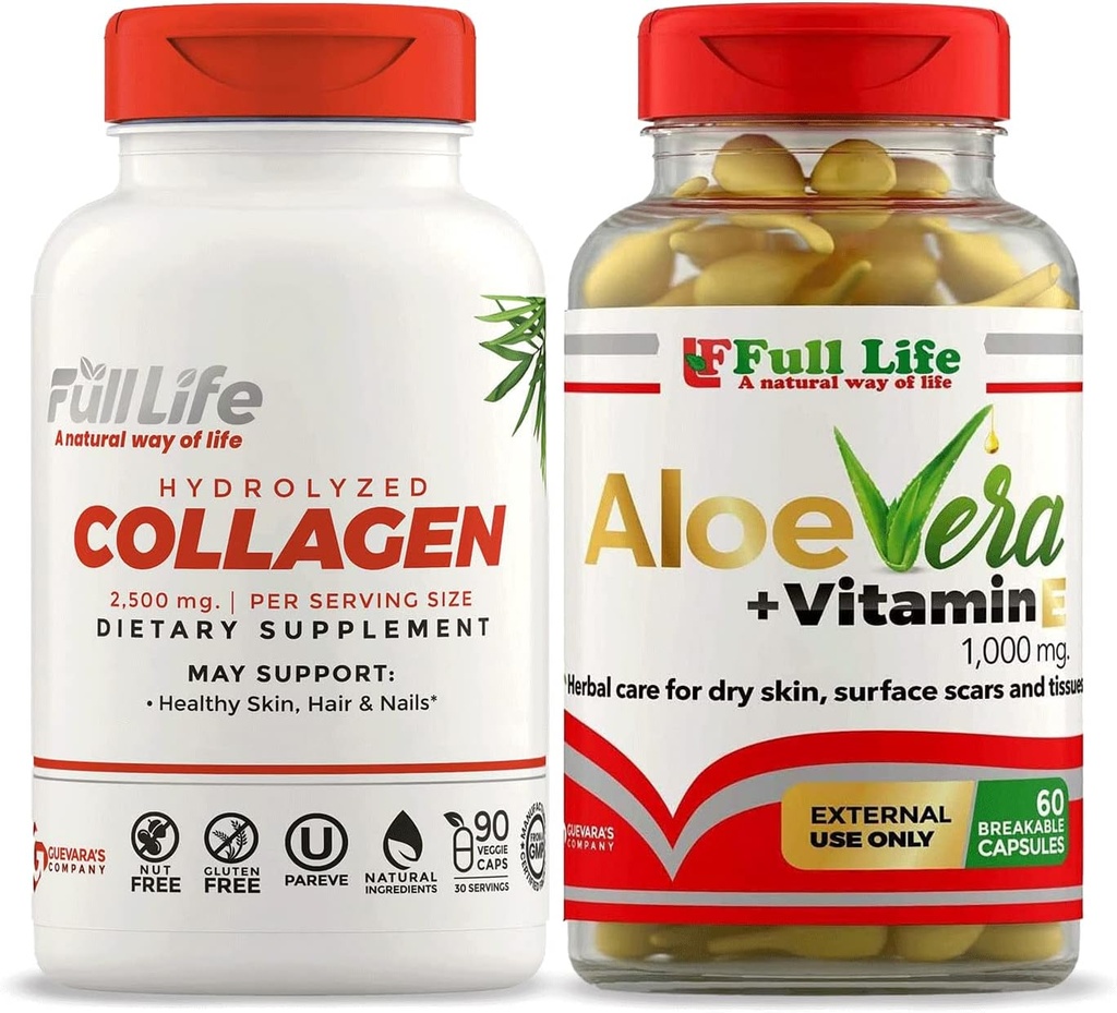 Full Life Hydrolyzed Collagen Supplement - Bovine Collagen Pillen 90 Kapseln und Aloe Vera mit Vitamin E Kapseln für Haut - Hydrating Face Moisturizer - 60 brechbare Kapseln